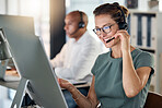 Customer service, call center and crm with a woman consultant working in a telemarketing office. Support, computer and sales with a female consulting using a headset for help, assist or communication