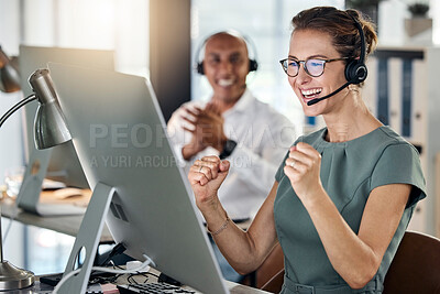 Buy stock photo Call center computer, sales woman celebration and winner fist, target or stock market trading success in office. Telemarketing consultant celebrate business achievement, deal or motivation on desktop