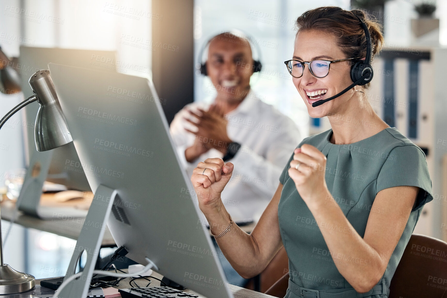 Buy stock photo Call center computer, sales woman celebration and winner fist, target or stock market trading success in office. Telemarketing consultant celebrate business achievement, deal or motivation on desktop