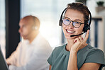 Call center, telemarketing and employee with smile for customer service, support and online help. Communication, consulting and portrait of a happy consultant in a crm office for business on the web
