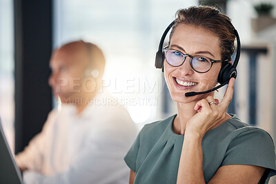Buy stock photo Call center, telemarketing and employee with smile for customer service, support and online help. Communication, consulting and portrait of a happy consultant in a crm office for business on the web