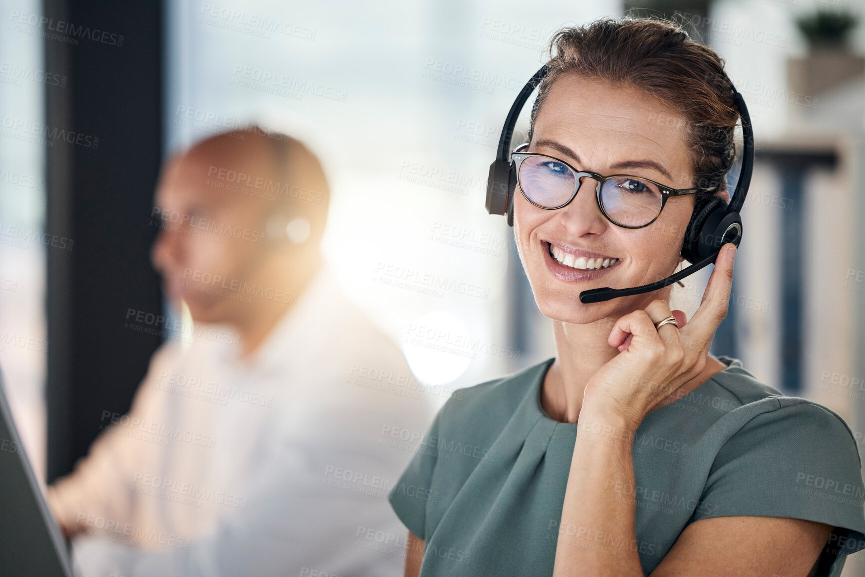 Buy stock photo Call center, telemarketing and employee with smile for customer service, support and online help. Communication, consulting and portrait of a happy consultant in a crm office for business on the web
