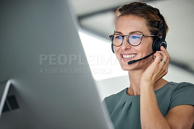 Buy stock photo Customer service, woman and happy call center agent giving advice online using a headset. Operator, telemarketing and support with hotline consultant working for contact us help or arm consulting 