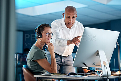 Buy stock photo Leadership, training and manager in call center coaching a telemarketing employee for quality customer services. Contact us, crm and mentor teaching an insurance agent on new job tasks on a computer