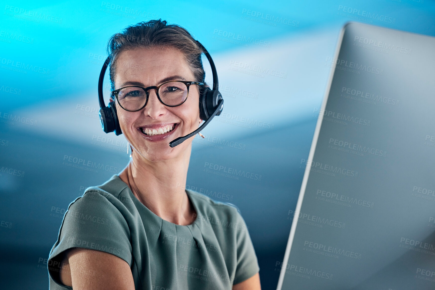 Buy stock photo Telemarketing, call center and sales with a woman consultant working on a computer and headset in her office. Customer service, ecommerce and communication with a female employee at work in crm