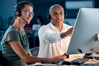 Buy stock photo CRM training, consulting or manager on computer for support or help new customer support, consultant or sales advisor at night. Diversity, learning or woman and man, working on contact us web review
