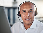 Telemarketing, face and portrait of man working in a call center as operator ready to give advice. Assistance, agent and headset with representative offering service, support and customer service 