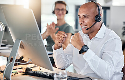 Buy stock photo Customer service, telemarketing and contact us worker celebration for promotion, sale or goal in call center. Black man working with crm, communication or support online while excited, target or wow 