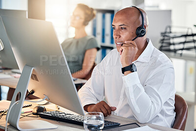 Buy stock photo Call center, man and customer service operator offering friendly consulting advice for telemarketing. Contact us, crm and male representative giving online support on headset call in agency