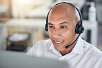 Call center, businessman and smile for consulting, telemarketing or customer support advice at office. Happy employee consultant man smiling with headset for communication, help or contact us service