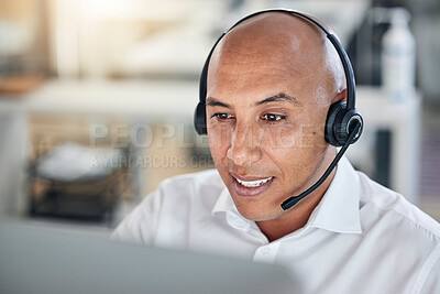 Buy stock photo Call center, businessman and smile for consulting, telemarketing or customer support advice at office. Happy employee consultant man smiling with headset for communication, help or contact us service