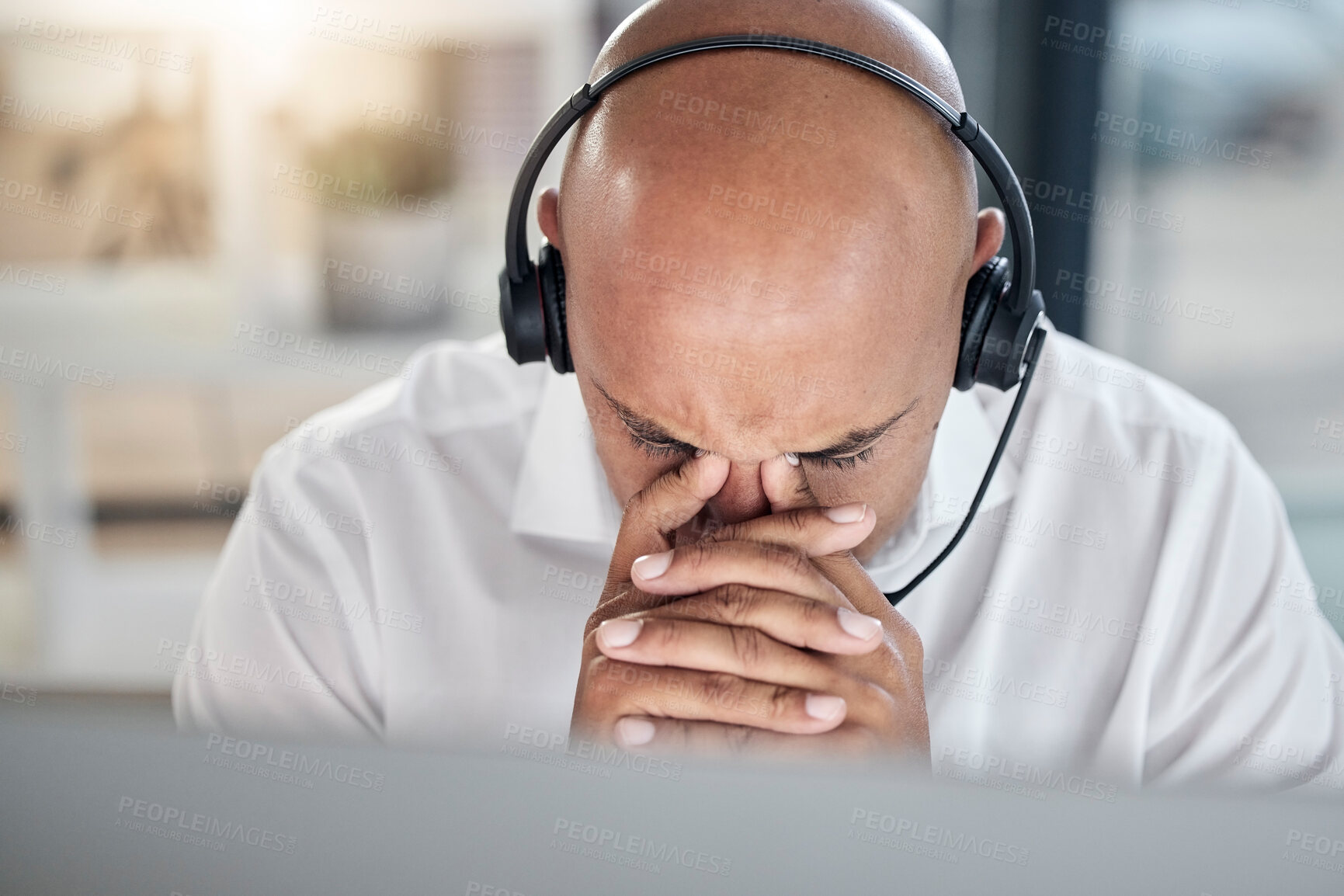 Buy stock photo Burnout call center or consultant black man with headache for 404 computer error, financial stress or customer service with anxiety. Mental health, depression or sad fatigue hotline male employee