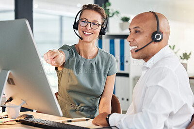 Buy stock photo Crm customer service, coaching and call center consulting agent working on pc. Telemarketing team, business insurance help desk support employees and internet technology teamwork communication