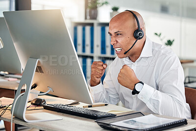 Buy stock photo Success, goals and call center consultant in celebration of reaching a telemarketing crm customer service sales target. Excited and happy insurance agent celebrates winning a client deal with pride