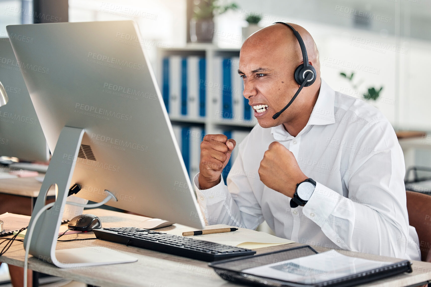 Buy stock photo Success, goals and call center consultant in celebration of reaching a telemarketing crm customer service sales target. Excited and happy insurance agent celebrates winning a client deal with pride