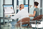 Call center, customer service team and employees on computer consulting in office. Consultants, crm helpdesk and telemarketing, online support or sales agents working together in company workplace.

