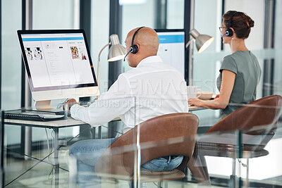Buy stock photo Call center, customer service team and employees on computer consulting in office. Consultants, crm helpdesk and telemarketing, online support or sales agents working together in company workplace.

