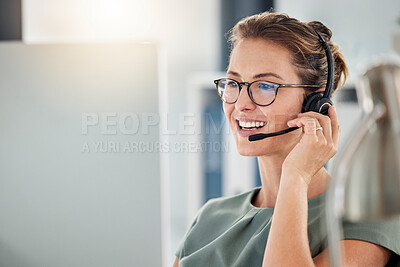 Buy stock photo Happy call center woman consulting customer for customer support, help or telemarketing sales. Sales advisor, CRM girl with smile for success customer service, contact us hotline or insurance deal