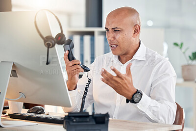 Buy stock photo Call center, customer service and arguing with a frustrated man at work in a telemarketing office. Contact us, consulting and angry with an annoyed male working as a sales, support or crm agent