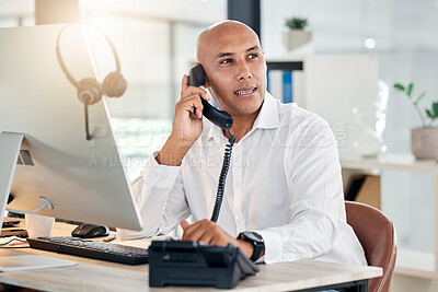 Buy stock photo Businessman, computer or landline telephone call in call center, customer support consulting or contact us office. Talking manager, leadership or networking ceo on communication technology in b2b crm