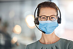Call center, covid and portrait of woman in mask with headset for consulting in office. Crm, covid 19 compliance and mature sales agent or customer service worker in workplace following health rules.