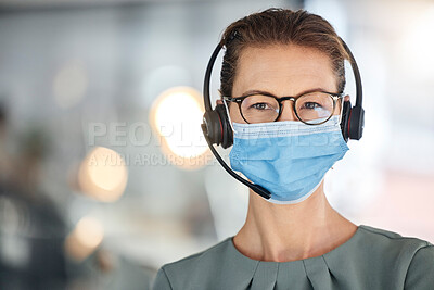 Buy stock photo Call center, covid and portrait of woman in mask with headset for consulting in office. Crm, covid 19 compliance and mature sales agent or customer service worker in workplace following health rules.