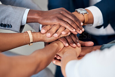 Buy stock photo Motivation, hands stacked and business people together for success, unity and community. Celebration, collaboration and group hand joined for victory, partnership and support together in office