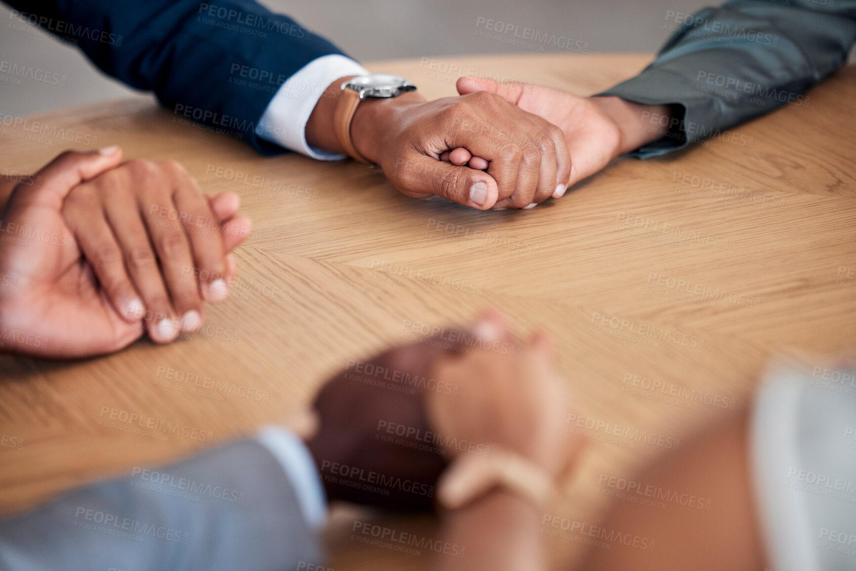 Buy stock photo Holding hands, therapy circle and community support group for stress, anxiety and depression in the corporate workplace to prevent burnout. Business people, mental solidarity and health with empathy