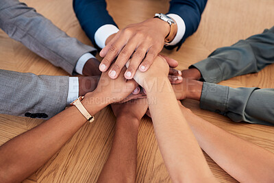 Buy stock photo Support, partnership and hands of diversity business people stack together in solidarity, trust and teamwork collaboration. Community, team building meeting and company group  united for mission goal
