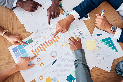 Buy stock photo Meeting, paperwork and business people planning a project together in a corporate modern office. Documents, diversity and hands of a team working on a strategy with statistics, graphs and charts data