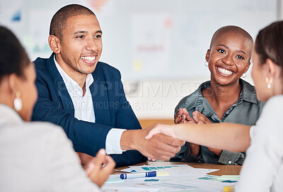 Buy stock photo Handshake, meeting and marketing team in collaboration in an office planning a b2b strategy. Diversity, partnership and business people shaking hands for a corporate deal, onboarding or welcome.
