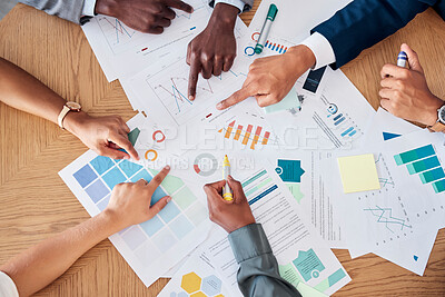 Buy stock photo Collaboration, data and hands of diversity team work on global, world or international sales analytics. Partnership, marketing meeting and planning business people pointing at chart paper top view