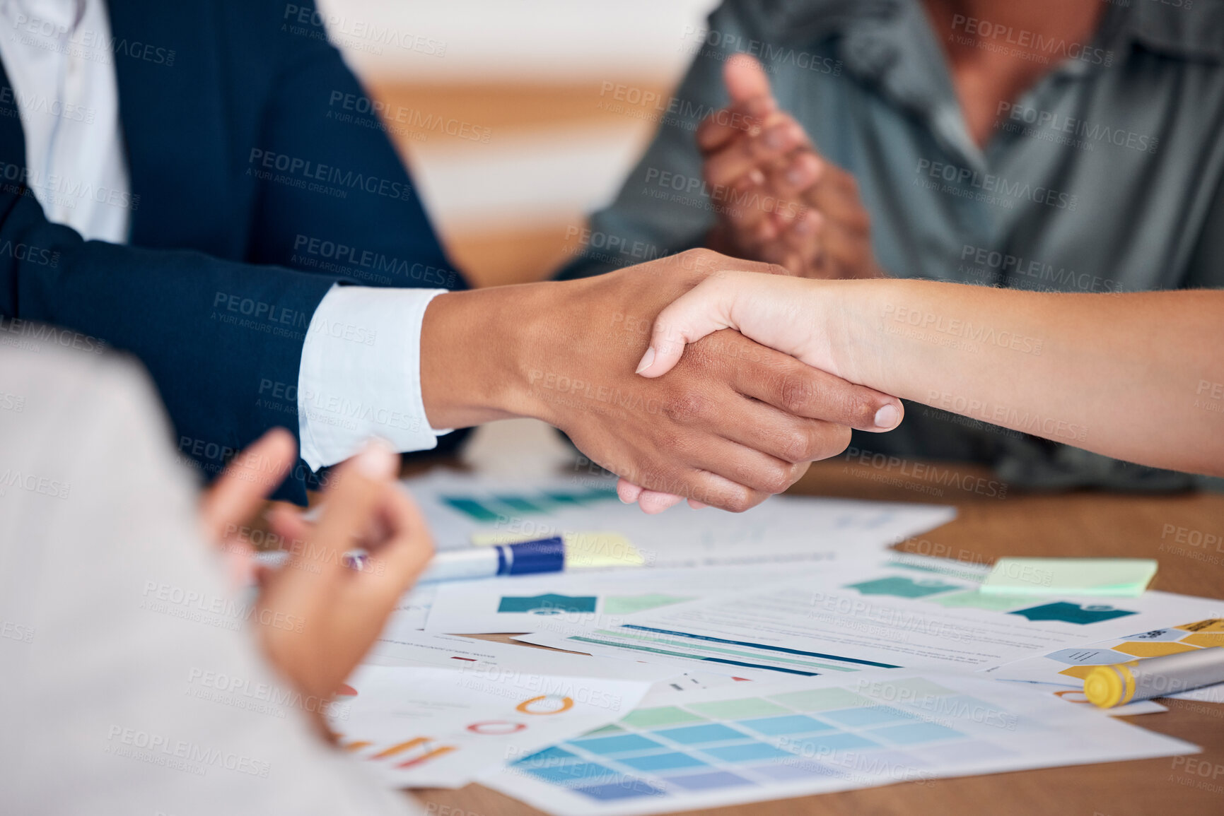 Buy stock photo Handshake, deal and partnership merger meeting and paperwork proposal with office hand clap. Agreement, b2b and professional workplace people celebrate company finance opportunity together.

