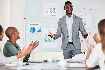 Buy stock photo Chart presentation, leader or team applause for achievement of kpi goals, financial target or sales growth. Marketing feedback data, black man and people clap for strategy success at business meeting