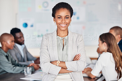 Buy stock photo Meeting, team and portrait of black woman, leader or manager standing with pride, confidence and happiness. Communication, collaboration planning and business people team work on marketing strategy