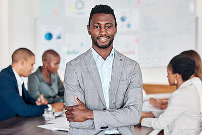 Buy stock photo Leadership, meeting and planning with a black man and his business team in the boardroom for strategy. Portrait, leader and collaboration with a male manager standing arms crossed in his office