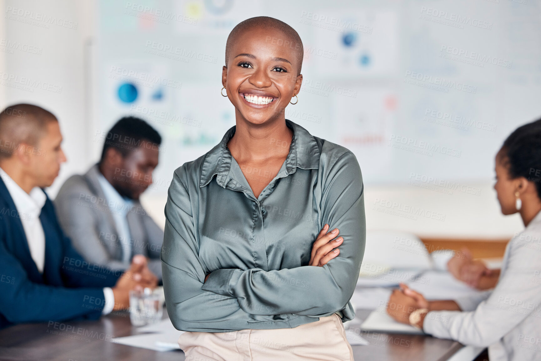 Buy stock photo Lerder, manager and ceo happy with planning, meeting and company development while team discussing work. Portrait of black woman, boss and mentor in workshop, training or coaching in marketing office