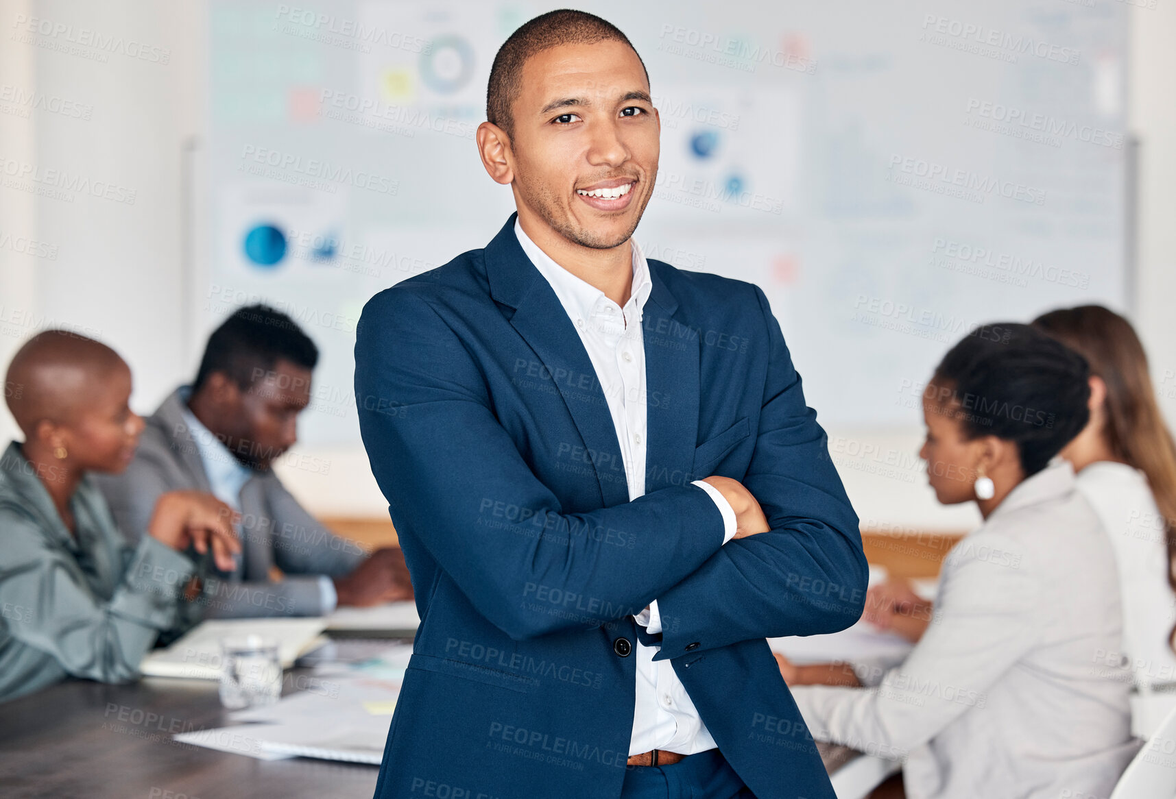Buy stock photo Leadership, ceo and black man happy in an office meeting for training, workshop and management at a corporate office. Male boss, entrepreneur and leader with a smile for growth, mission and vision