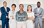 Diversity, leadership and portrait of business people with serious face, arms crossed in office. Teamwork, collaboration and group of men and women in workplace with confidence, power and strength