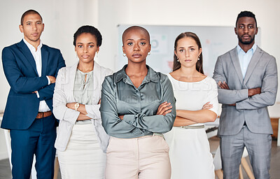 Buy stock photo Diversity, leadership and portrait of business people with serious face, arms crossed in office. Teamwork, collaboration and group of men and women in workplace with confidence, power and strength