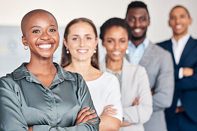 Buy stock photo Portrait, teamwork and success with a female leader, CEO or manager and her team in a line in the office. Diversity, leadership and collaboration with a man and woman employee group together at work