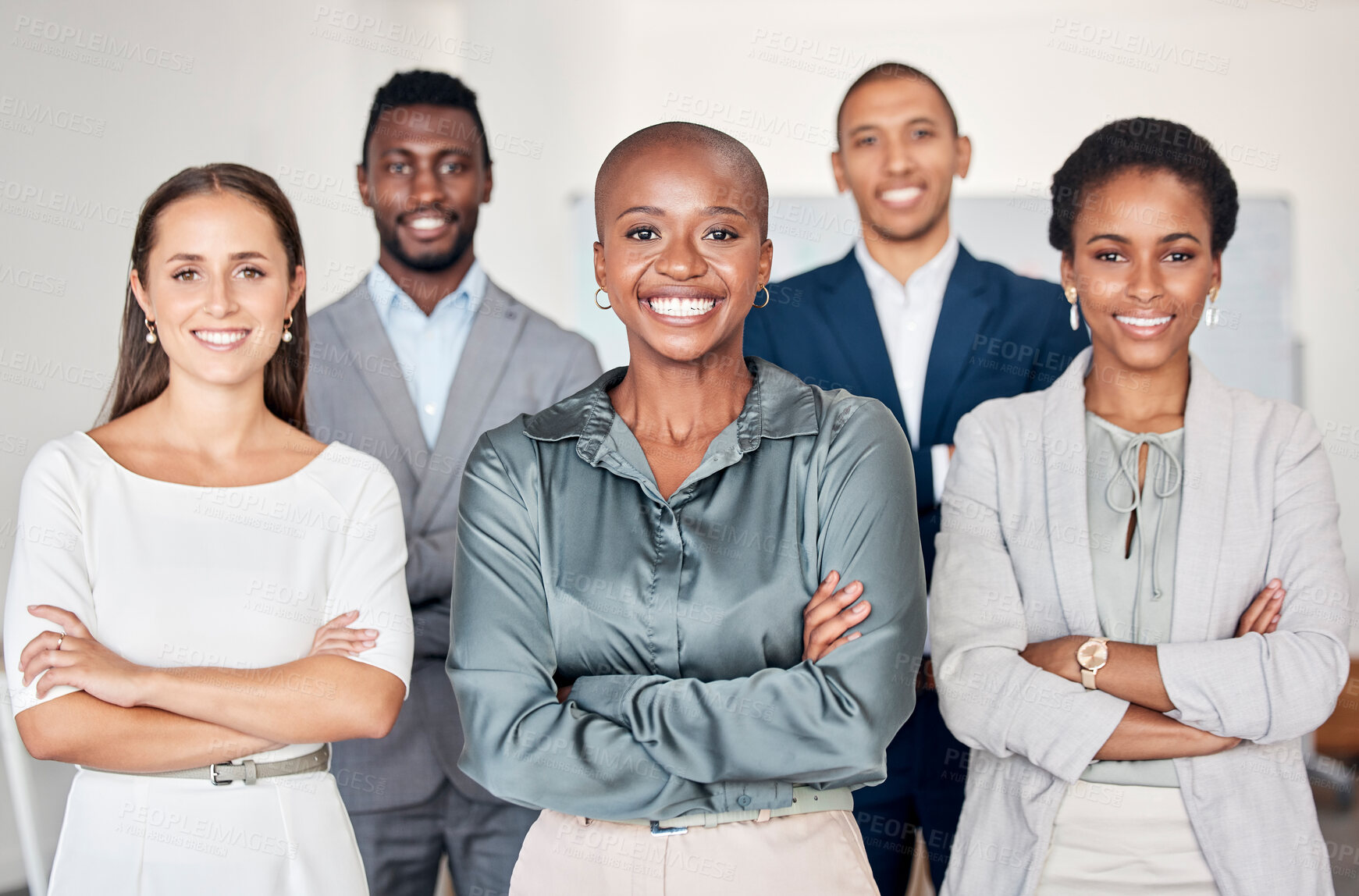 Buy stock photo Teamwork, corporate and business people with smile for partnership, collaboration and trust for professional work. Support, pride and portrait of happy employees with arms crossed for success