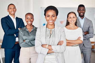 Buy stock photo Black woman leadership, portrait and happy teamwork, management and collaboration, company vision and trust in office. Female ceo, diversity business people and corporate employees support in startup