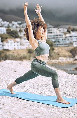 Buy stock photo Woman, stretching or yoga mat on beach rock in relax workout, exercise or fitness for body wellness or mental health peace. Smile, happy or zen afro yogi in pilates training by Brazilian nature ocean