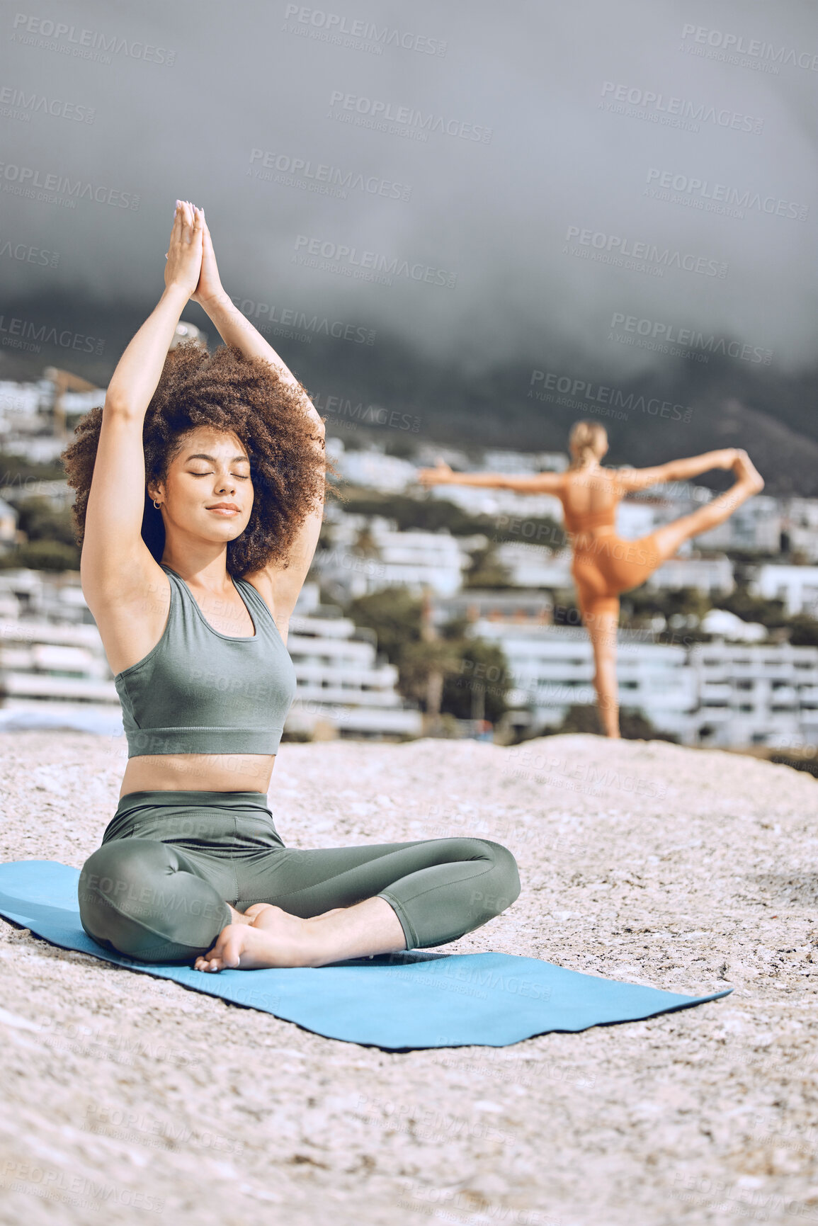 Buy stock photo Zen, yoga exercise and woman on beach for wellness meditation or mental health. Young athlete fitness girl, relax motivation workout or healthy lifestyle chakra energy training on nature rock outside