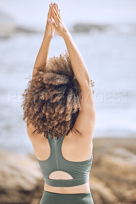 Buy stock photo Meditation, zen and relax woman on beach for travel vacation or summer holiday. Yoga balance, peace and calm spiritual cardio fitness or exercise workout for wellness lifestyle motivation training 