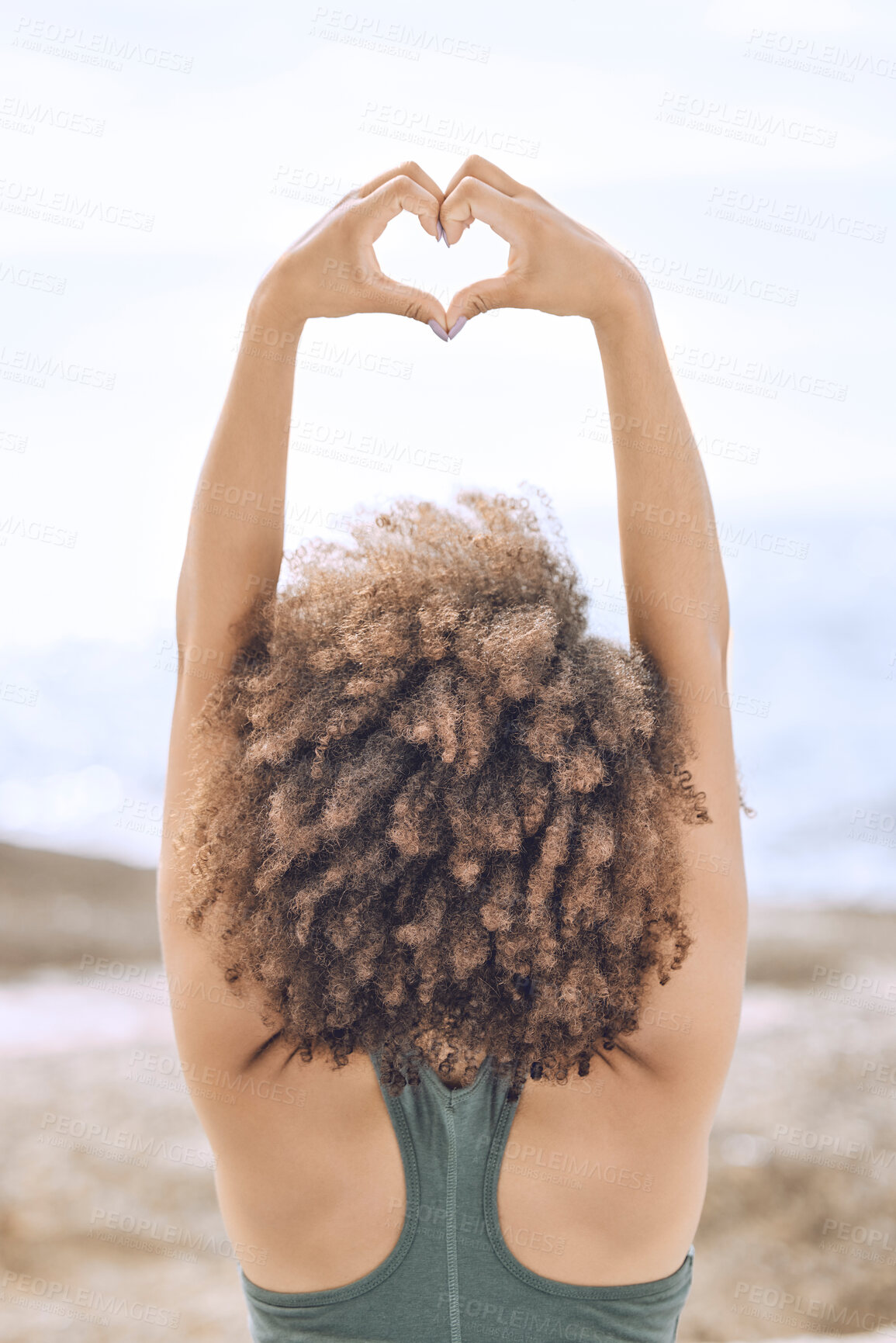 Buy stock photo Black woman afro, heart sign and stretching in wellness, exercise or healthy lifestyle in the outdoors. African American female in morning expression or stretch with hands for love gesture or emoji