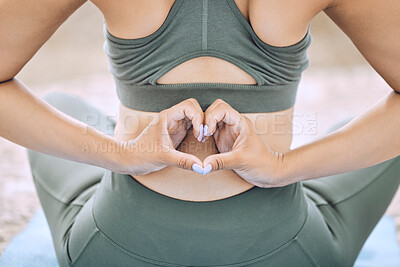 Buy stock photo Hands, heart and woman fitness yoga health for mental health in park outdoors. Young athlete girl, healthy lifestyle workout motivation and self-care love or inner peace healthcare goals in nature
