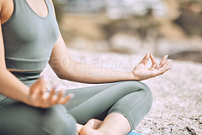 Buy stock photo Woman, mudra hands and beach meditation for mental health, chakra balance or mind wellness. Zoom, zen or calm yogi in lotus pose, peace or holistic energy mindset training in nature earth environment
