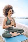Yoga, zen and wellness, black woman at the beach for fitness and meditation, mindfulness and peace with exercise outdoor. Workout, stress relief and happy with body training and healthy active life.